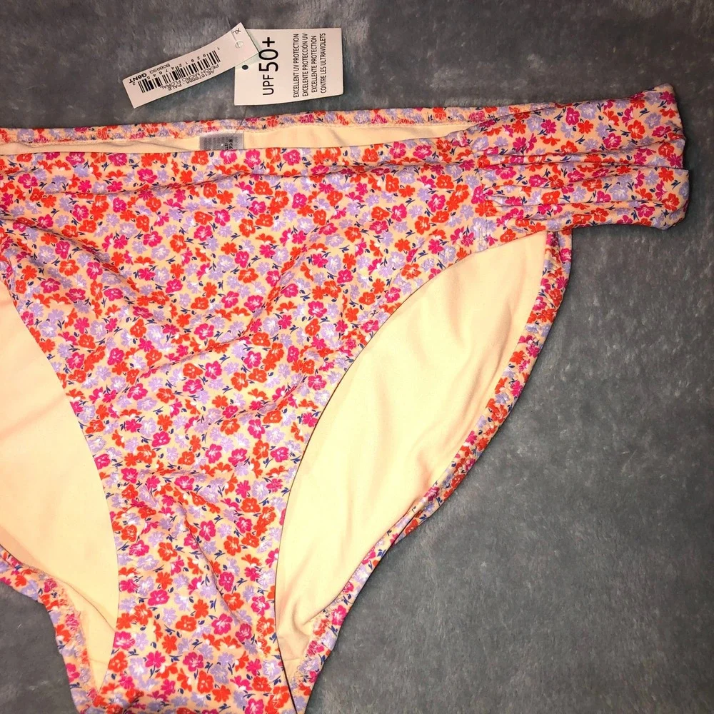 Amazon Essentials Womens XL Ruched Bikini Swim Bottom Peach Micro Floral UPF 50+